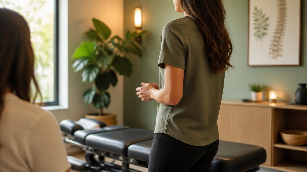 A chiropractor in a calm, modern treatment room with an adjustment table, soft natural light, and sage-green walls
