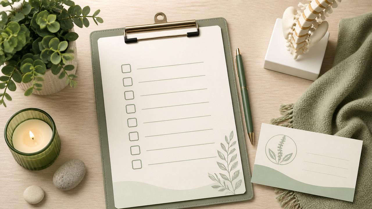 A welcoming new patient checklist on a clipboard with a pen, small plant, and calm sage-green accents, ready for a first chiropractic visit