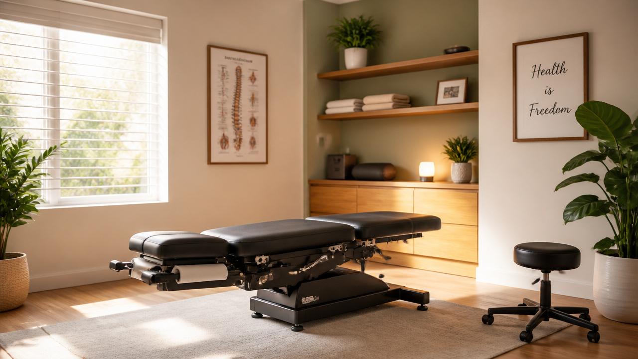 A bright, modern chiropractic treatment room with an adjustment table, natural light, and calming sage-green accents